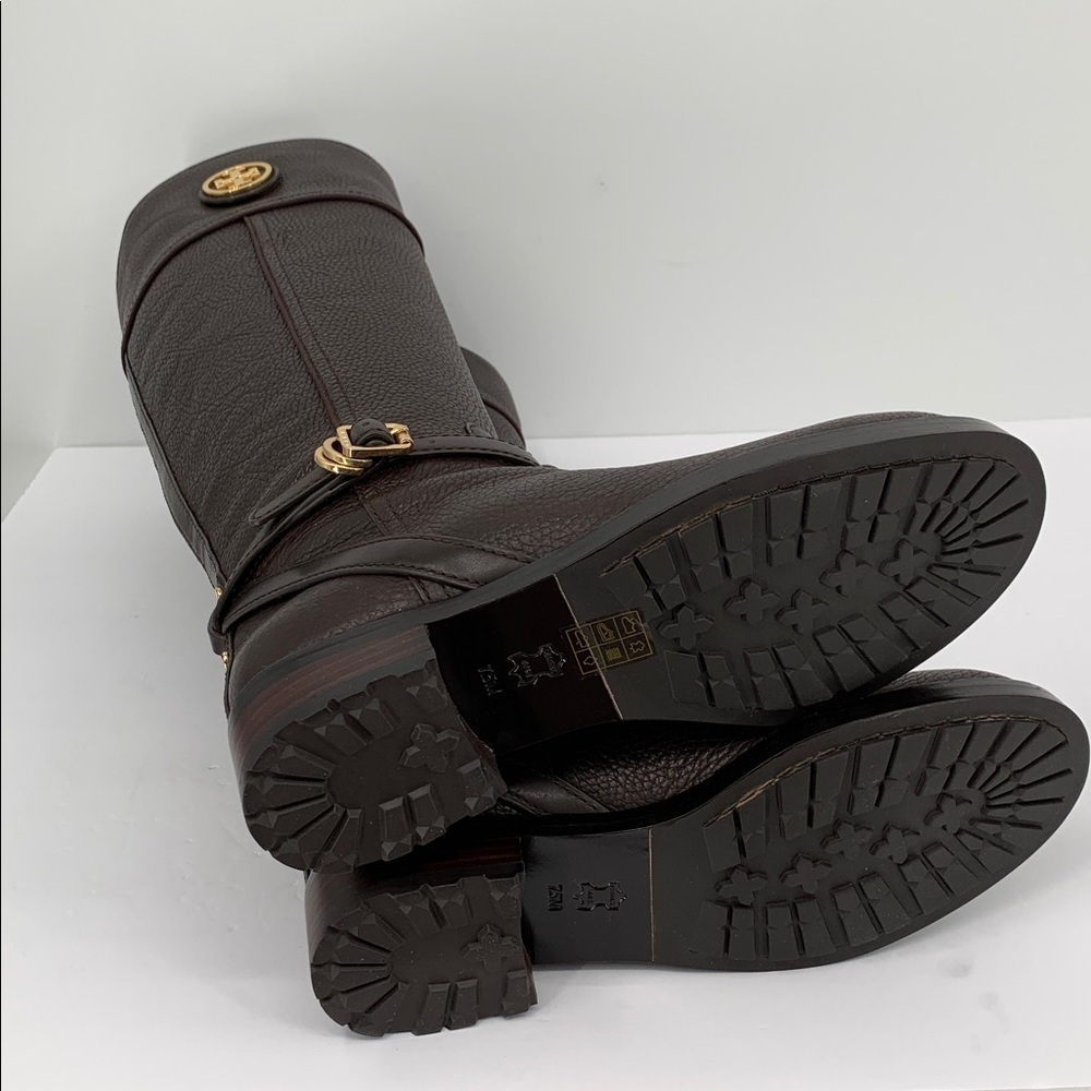 Tory Burch Teresa riding tall boots coconut brown leather zipper logo new 7.5 - Picture 6 of 7